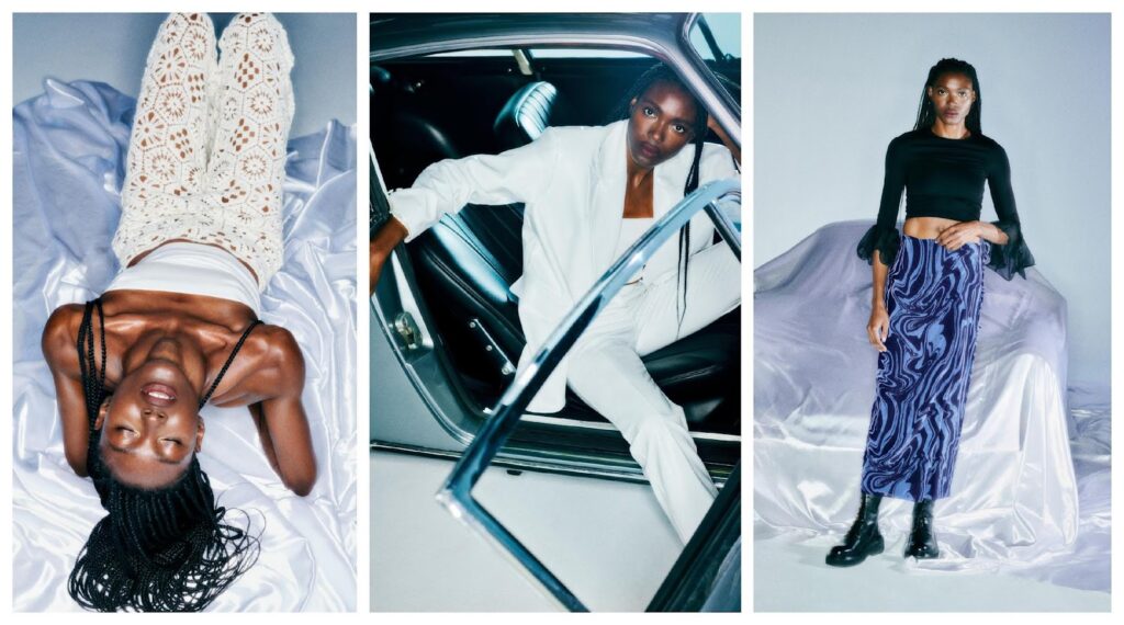 Modeliai, vilkintys Rotate prekių ženklo drabužius: nertas baltas kelnes, violetinį sijoną, elegantišką baltą kostiumą, juodą palaidinę