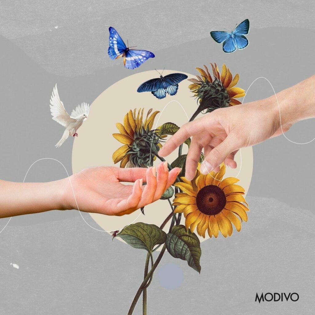 ranka, gėlės, drugeliai