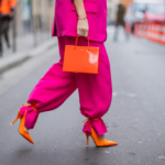 Įvaizdis su fuksijų rožinės spalvos kostiumu ir oranžiniais aksesuarais